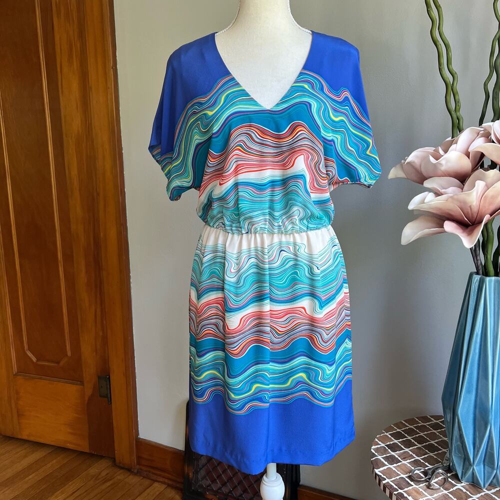 Trina Turk Blue Multicolor Wave-Print Midi Dress